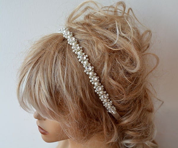 Double Row Pearl Crystal Bridal Headband - Image 3